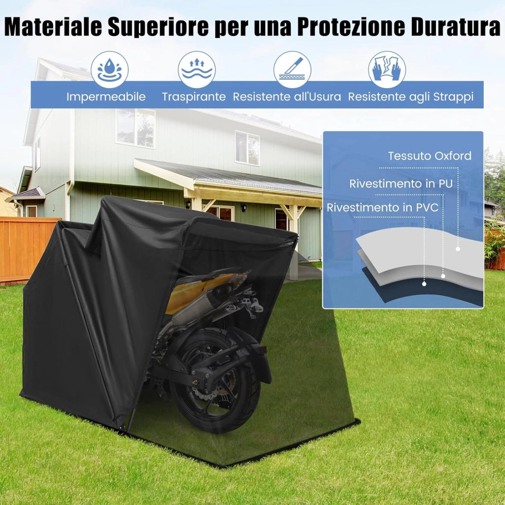 Telo Moto per Esterno, Garage per Moto con Copertura in Tessuto Oxford, Finestre a Rullo in Rete, Portatile e Impermeabile, 342 x 137 x 193 cm