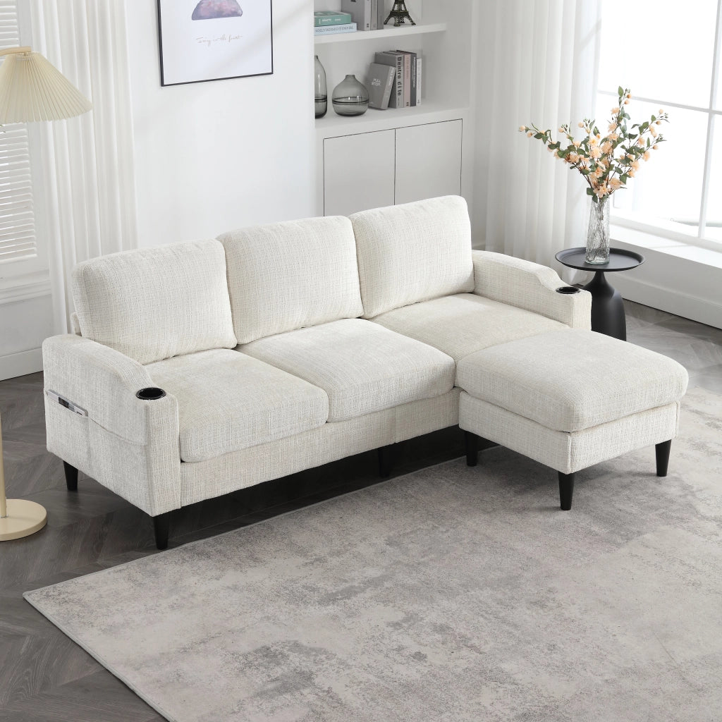 Divano 4 Posti con Poggiapiedi e Contenitore ¨C MINIMAL ¨C Velluto, Braccioli, Portabicchieri