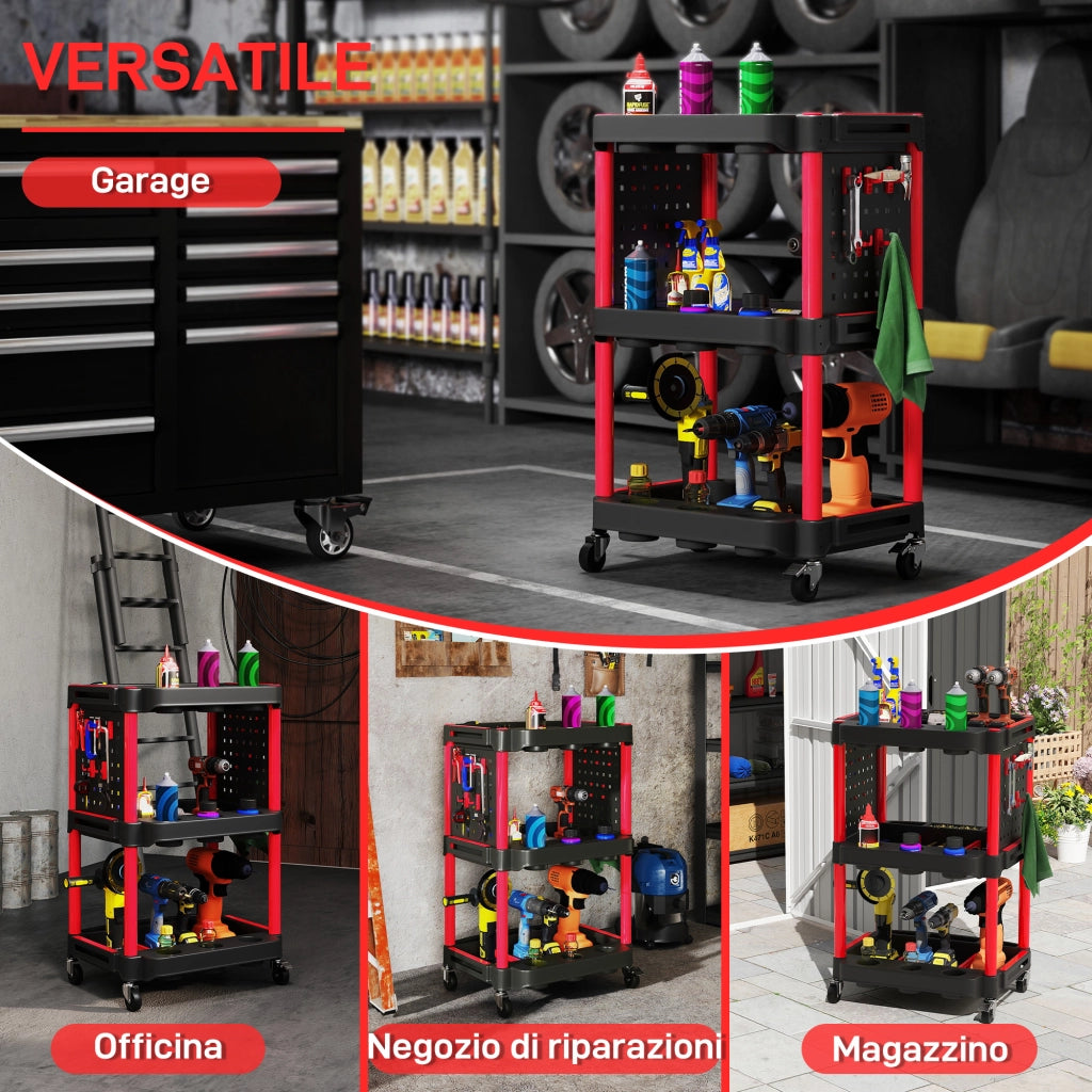 Carrello Porta Attrezzi a 3 Livelli ¨C Minimal ¨C Nero e Rosso