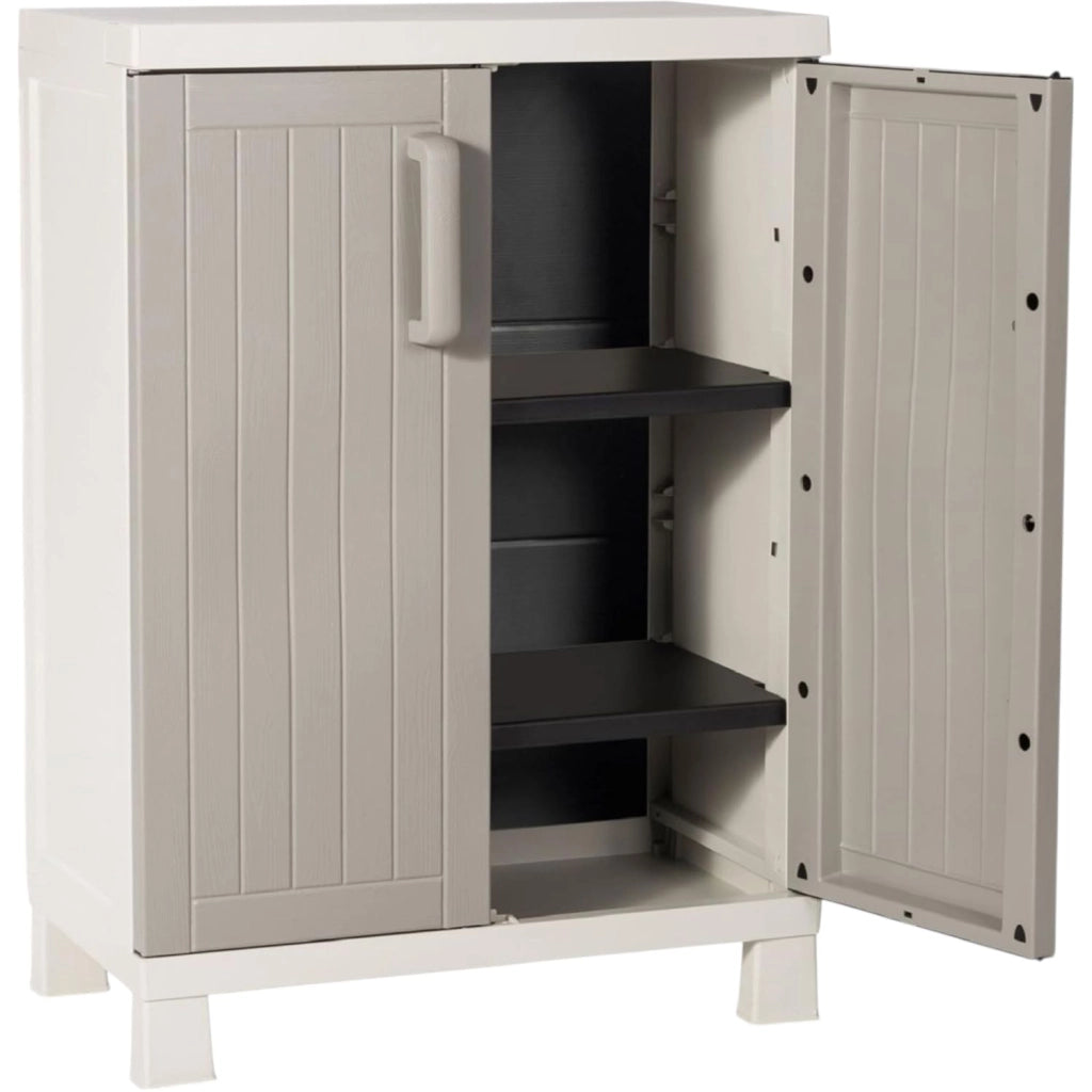 Armadio Wood Midi Basso con 2 ripiani, in plastica da interni ed esterni, colore Grigio Tortora/Grigio Chiaro