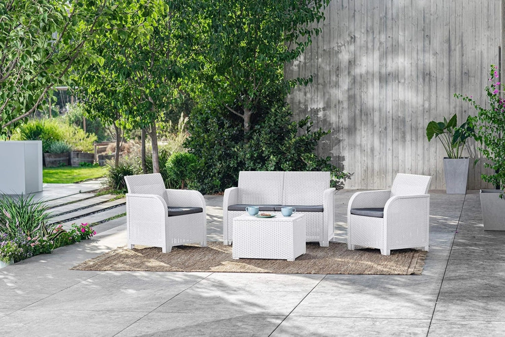 Set da Giardino 4 Pezzi in Polipropilene Effetto Rattan con Cuscini Colore Bianco Rosalie Lounge Keter