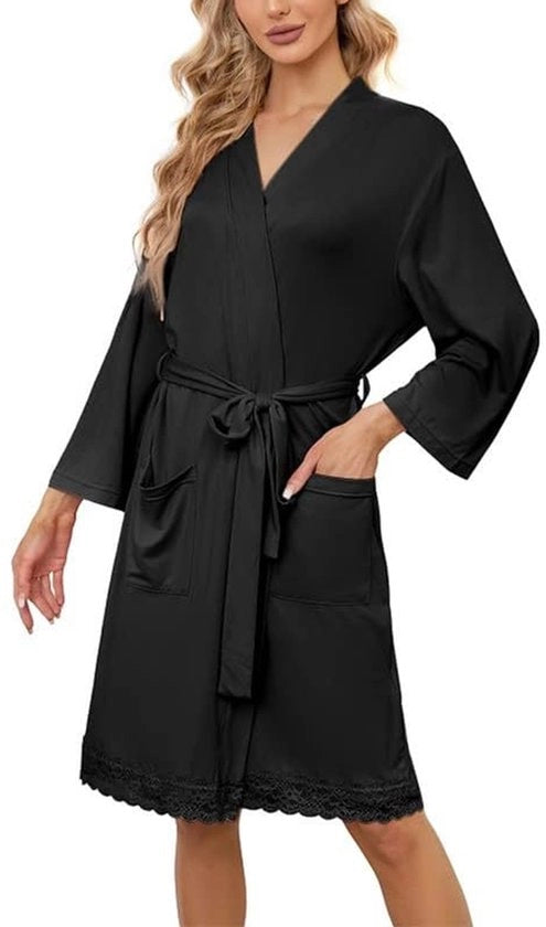 Camisola da Camera Leggera per Donne con Maniche a 3/4, Cappuccio e Collo a V, Taglie XL, Nero
