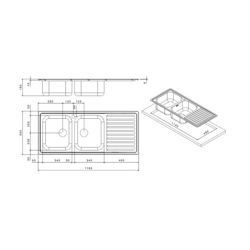 LAVELLO INOX INCASSO 116X50CM 2 VASCHE CON GOCCIOL