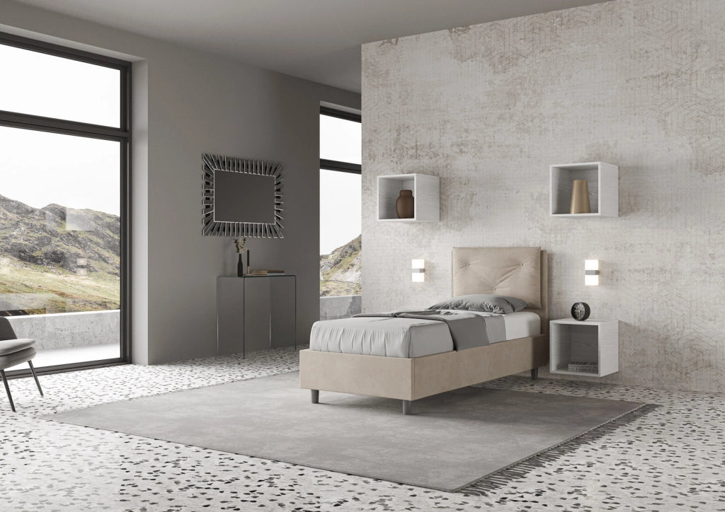 BS COM Letto singolo senza rete imbottito 80x200 microfibra sabbia