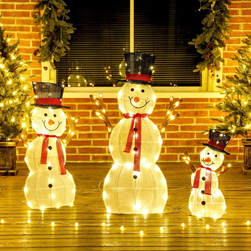Famiglia di pupazzi di neve natalizi in 3 pezzi, decorazione per esterni, luci a LED, picchetti da terra, impermeabile, acciaio, poliestere, bianco