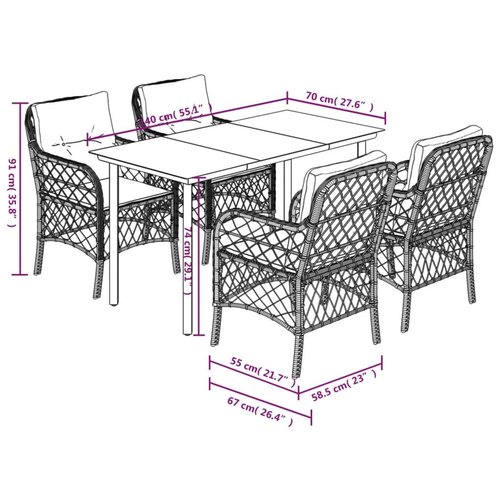 Set da Pranzo da Giardino 5 pz Nero con Cuscini in Polyrattan