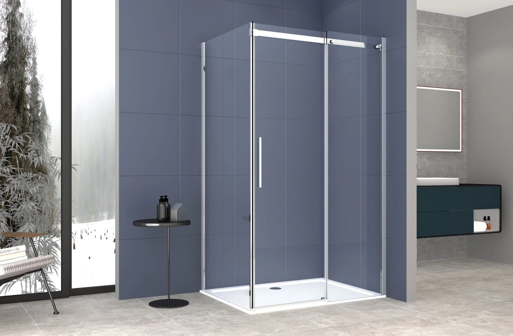Box Doccia 2 lati 100x180 cm SENZA TELAIO H200 cm da 8mm: lato fisso + porta scorrevole FIORE Satinato