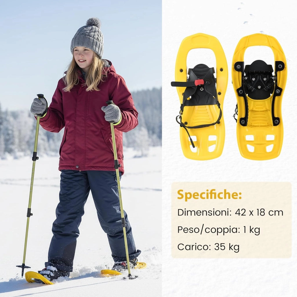 Racchette da Neve per Bambini 28-37, Bastoncini da Trekking Telescopici 51,5-100 cm con Punte in Tungsteno, Dischi Neve e Dischi Fango, Ciaspole da Neve con Legatura a Cricchetto e Borsa