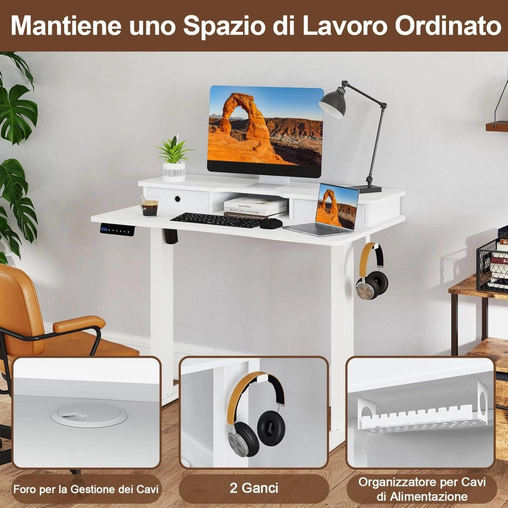 Scrivania Regolabile in Altezza con 2 Cassetti, Scrivania con Supporto per Monitor, Mensola, 2 Ganci e 3 Altezze Preimpostate, Tavolo da Lavoro per Ufficio, Studio e Camera da Letto (Bianco)