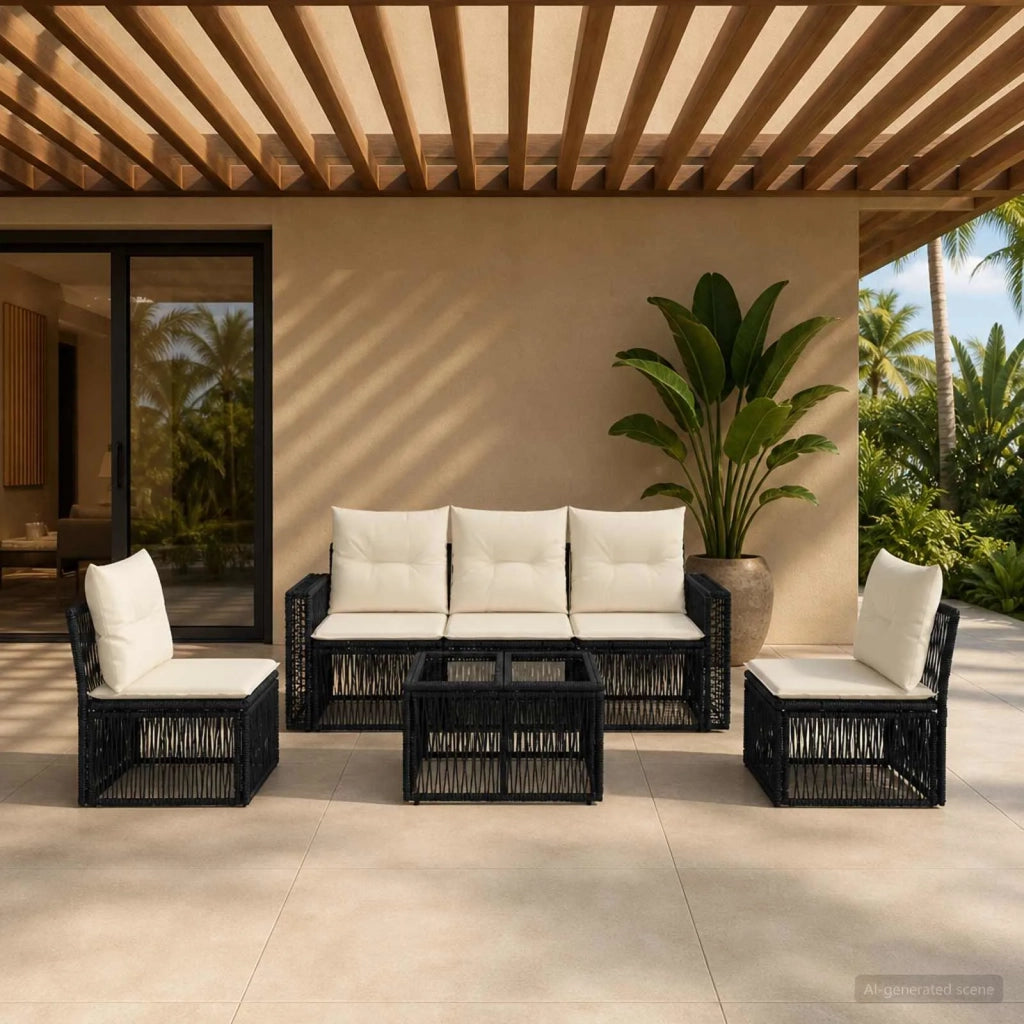 Set Divano da Giardino 6 pz Nero e Bianco Crema polyrattan 3435082