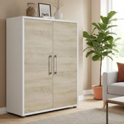 Credenza Warszawa, Buffet da soggiorno, Madia da salotto, Dispensa da cucina, 89x40 h113 cm, Bianco e Quercia