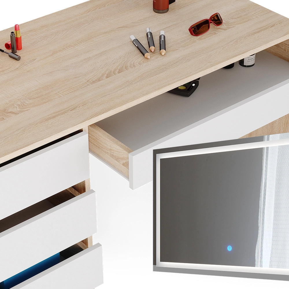 Vicco Tavolo da toeletta Bianco/Sonoma 55 cm con specchio a LED