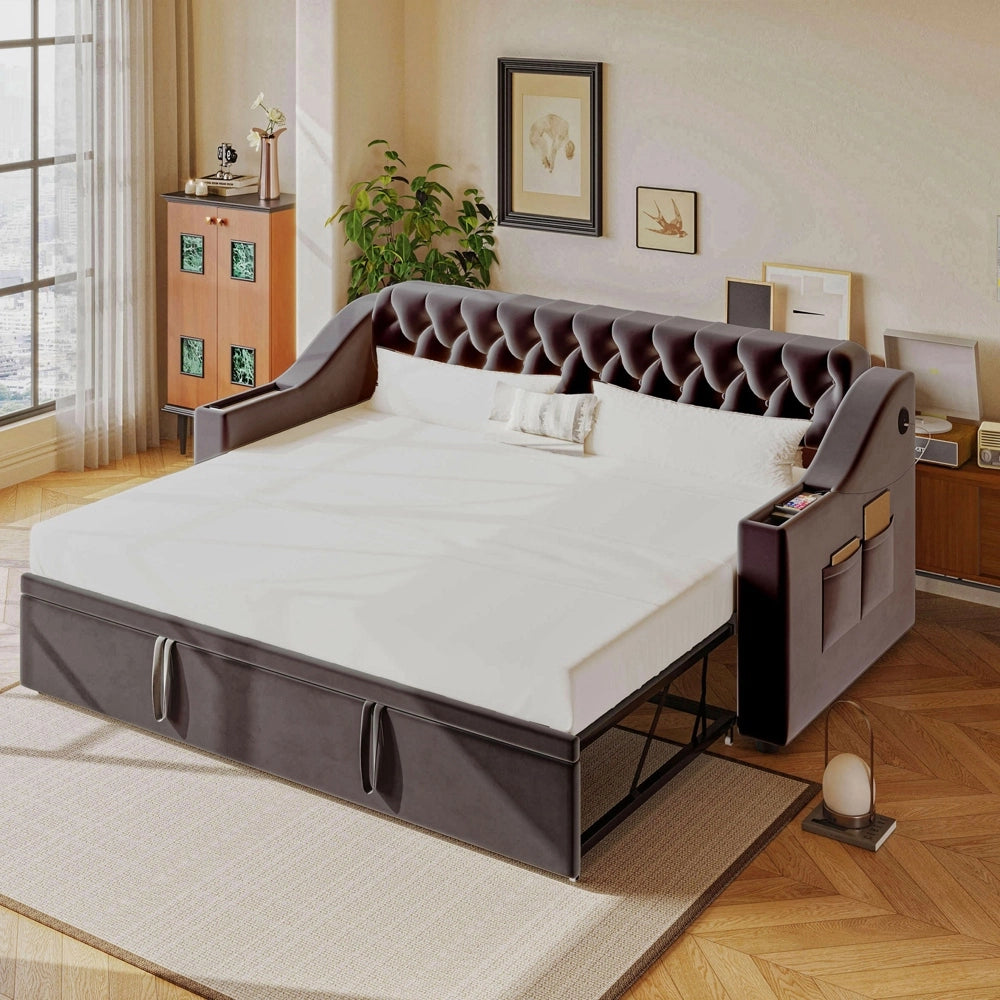 Divano letto - Xylo - 90/180x190 cm braccioli USB velluto grigio scuro