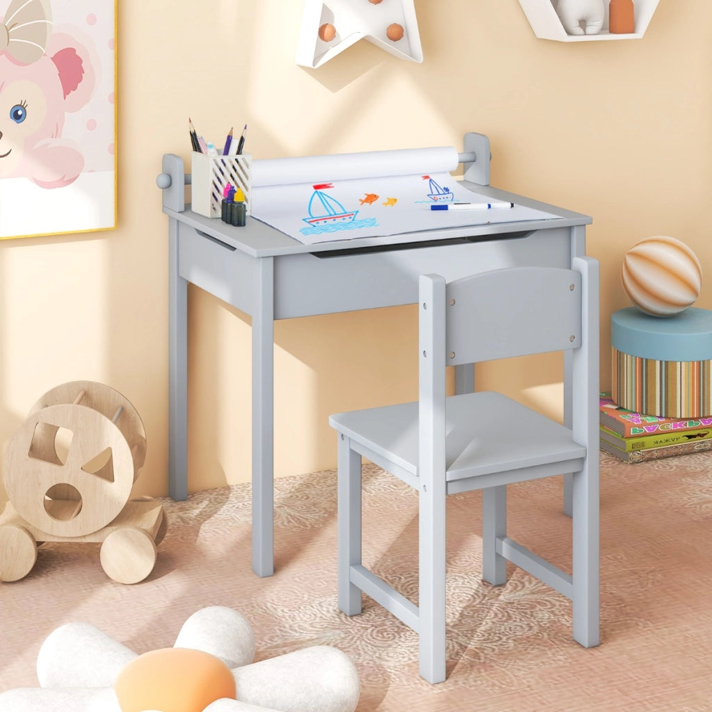 Tavolo per bambini con sedia vano portaoggetti e portarotolo per disegnare giocare, Set di tavolino con sedia Grigio