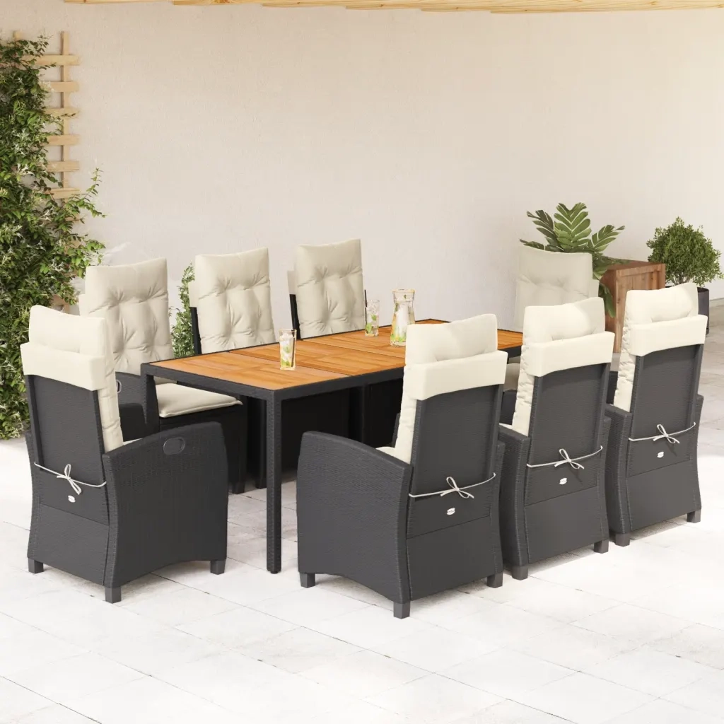 Set da Pranzo da Giardino 9 pz con Cuscini Nero in Polyrattan 3212661