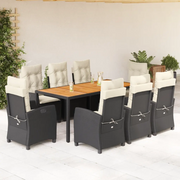 Set da Pranzo da Giardino 9 pz con Cuscini Nero in Polyrattan 3212661