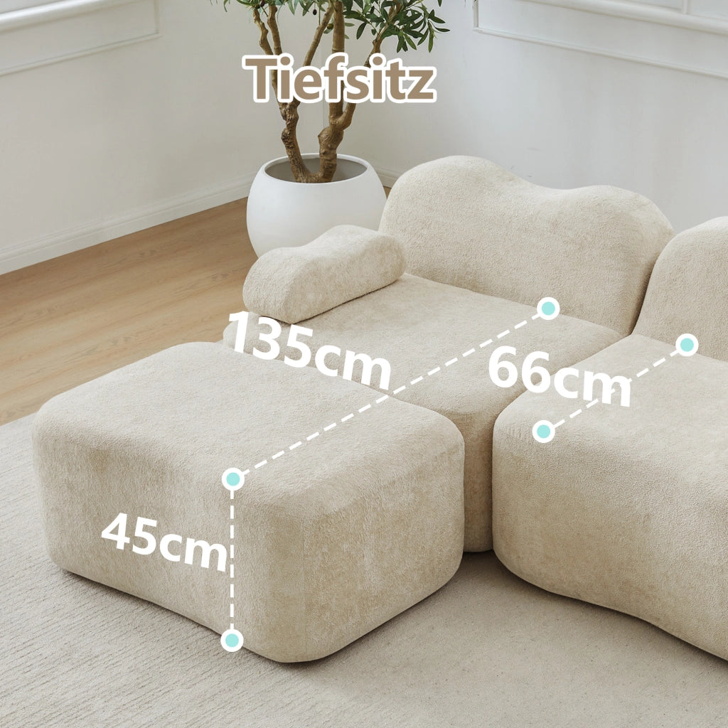 Divano modulare a U 3 posti senza struttura con pouf e cuscino bracciolo in velluto beige