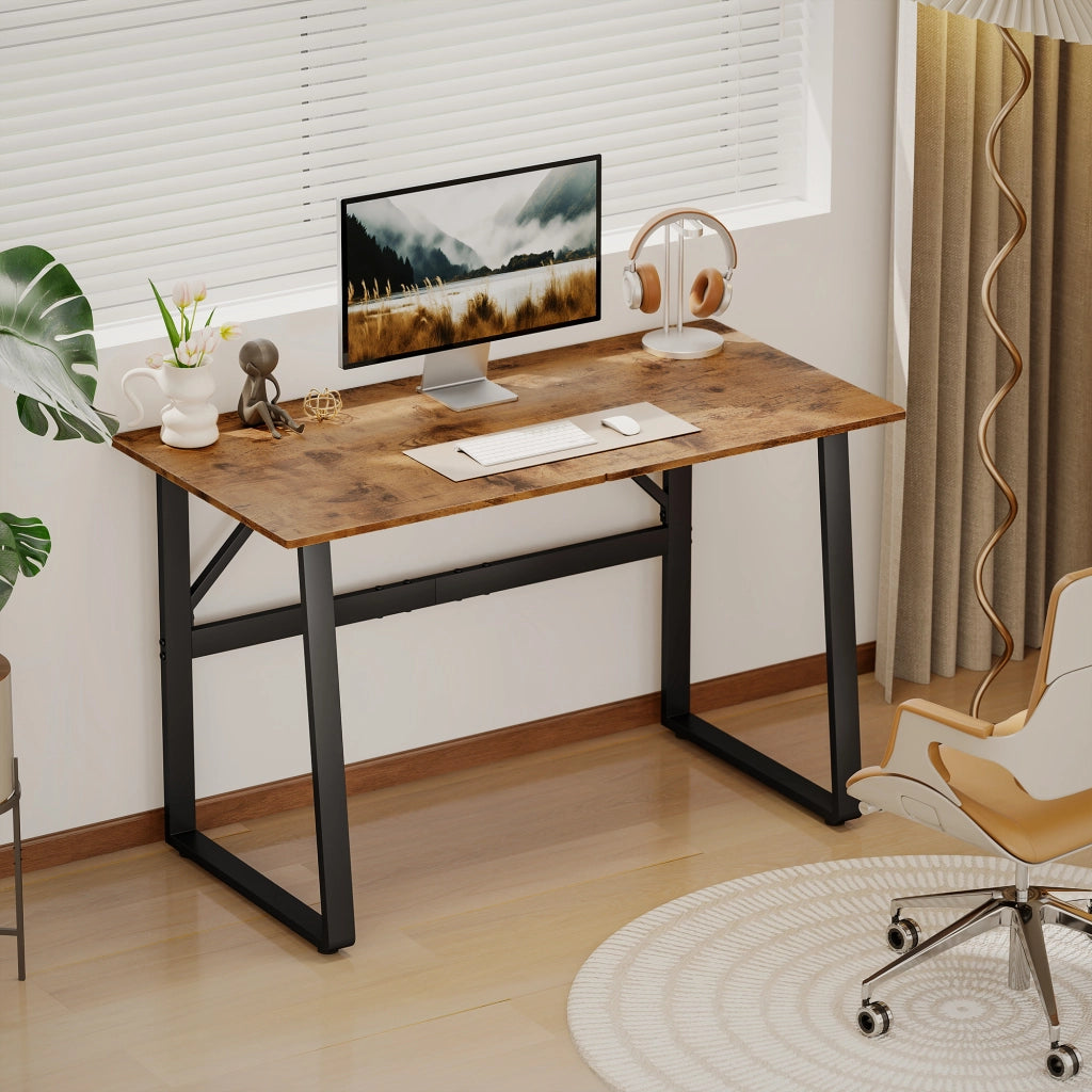 Scrivania per Camera Stile Industriale 120x60x76 cm con Angoli Arrotondati in Legno e Acciaio Nero e Marrone