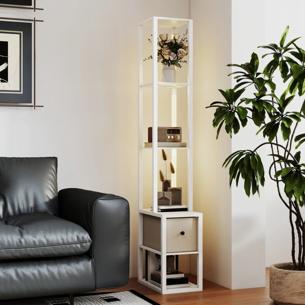 Lampada da Terra Moderna con Ripiani e Cassetto ¨C Minimal ¨C Bianco 30x30x150