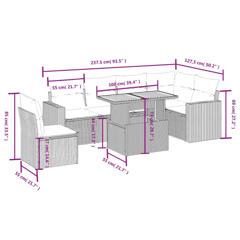 Set Divani da Giardino con Cuscini 7pz Nero Polyrattan
