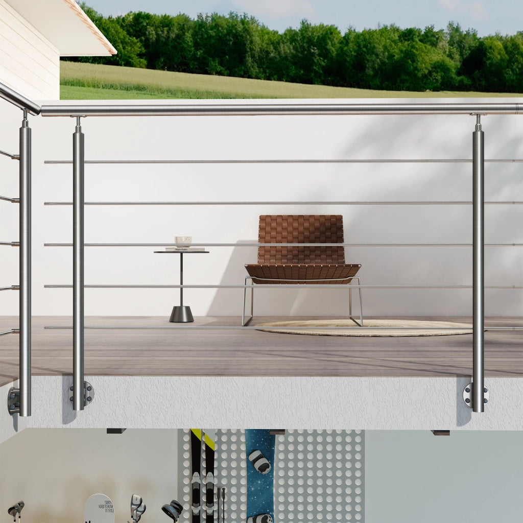 Ringhiera Balaustra Corrimano in acciaio inox 304 spazzolato per scale 180 cm, 5 barre trasversali, fissaggio laterale, per interni ed esterni