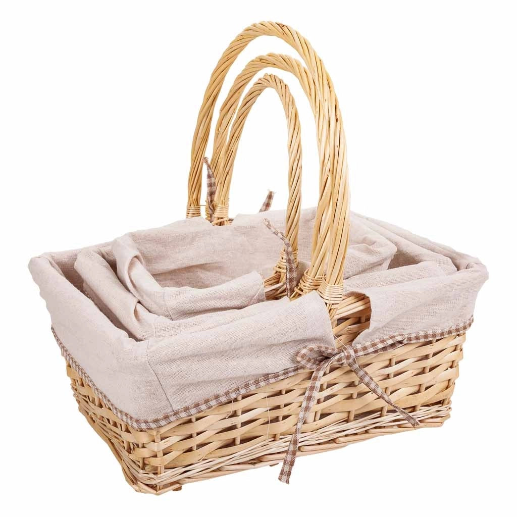 Set di 3 cestini in vimini foderati di bianco