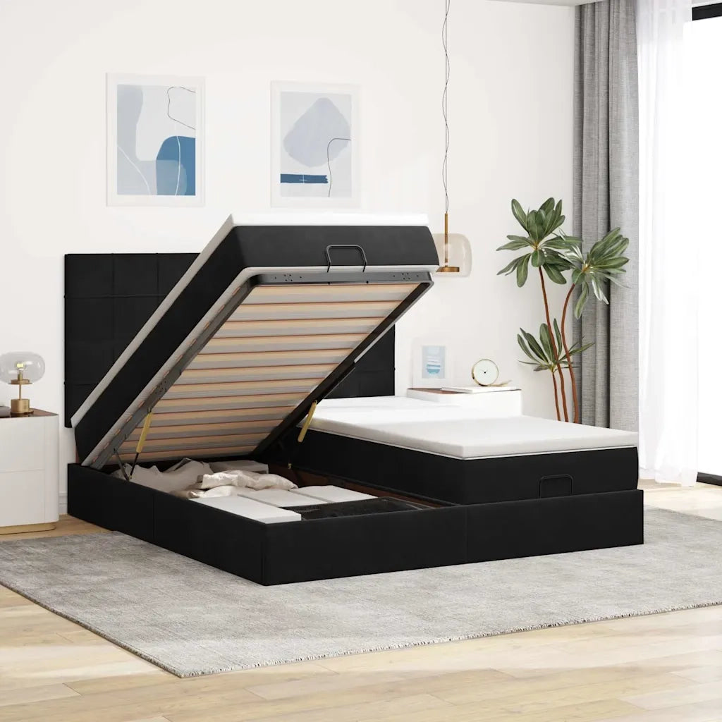 Struttura Letto Pouf con Materassi Nero 160x200 cm in Velluto 3313768