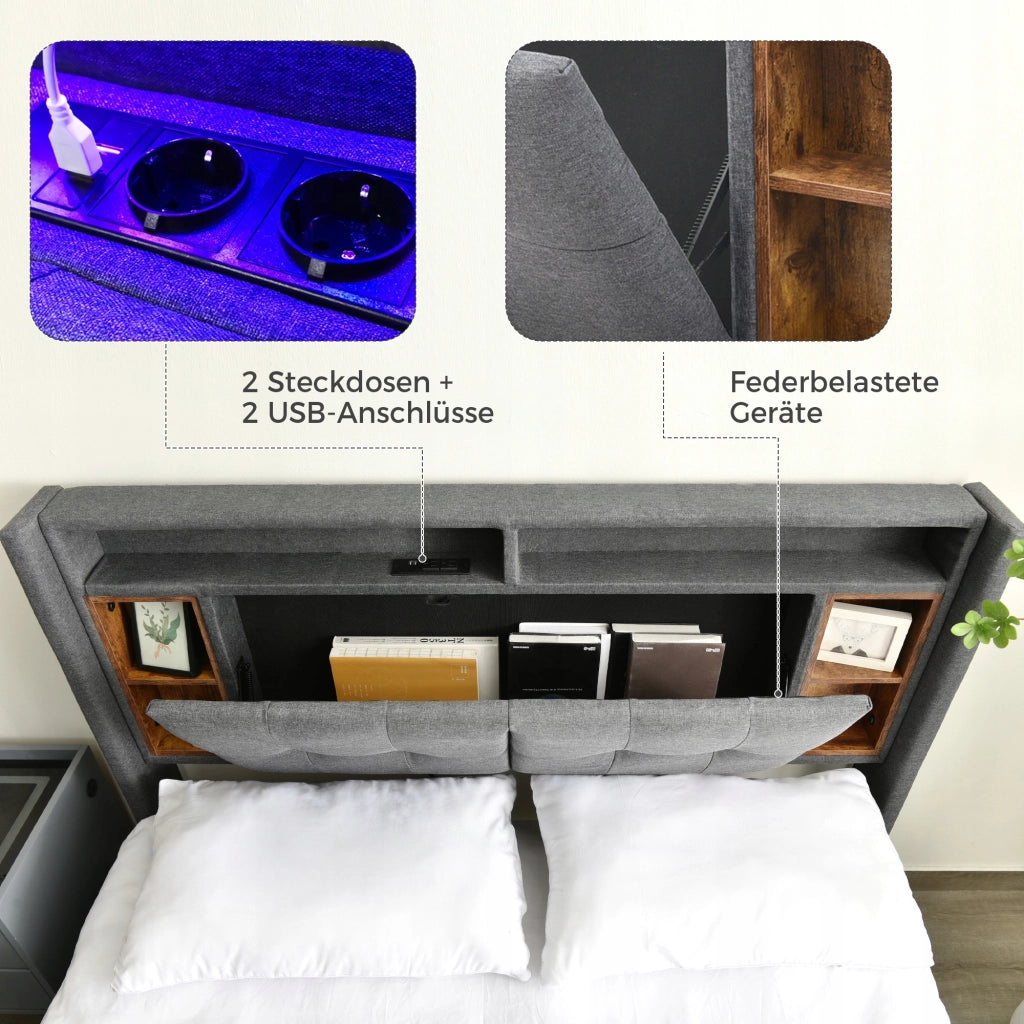 Letto imbottito 140x200 grigio - Xylo - con USB e LED