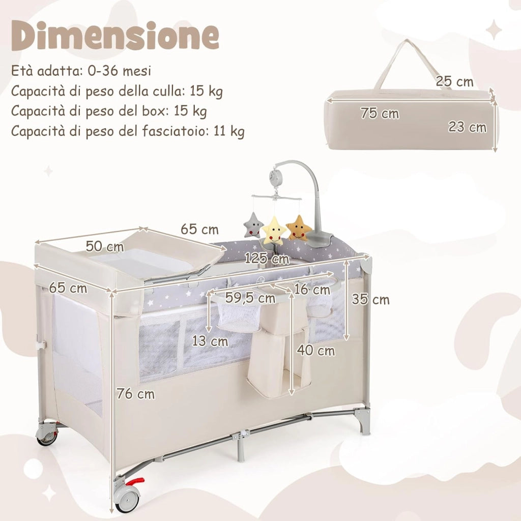 4 in 1 Lettino per Bambini con Materasso, Lettino Culla da Viaggio per Neonati, Culla Neonato con Fasciatoio, Box Portatile Pieghevole, con Ruote e Borsa, 125 x 65 x 119 cm (Beige)