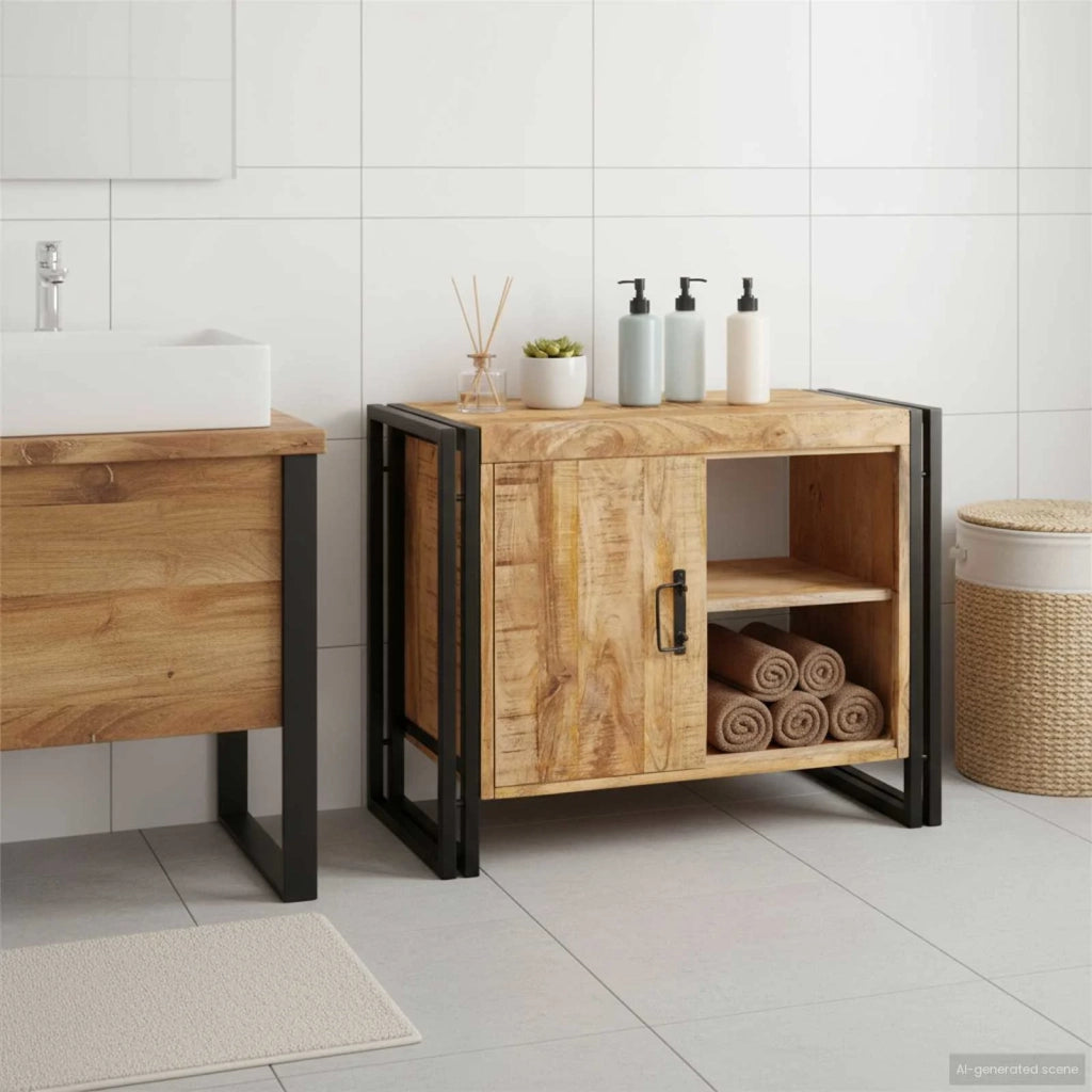 Mobile da Bagno | Armadio sottolavello con porta Marrone Legno di mango massello