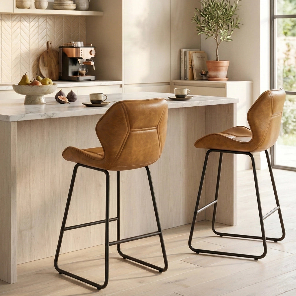 Sgabello da bar Set da 2 con Schienale ergonomico e Poggiapiedi, in Similpelle e Metallo, Marrone