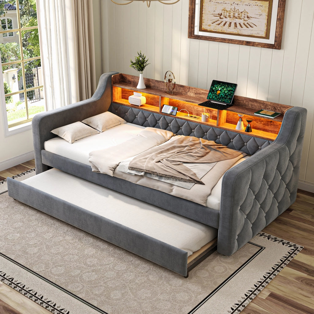 LETTO Estraibile 90x190 cm in velluto grigio scuro con LED e USB-C