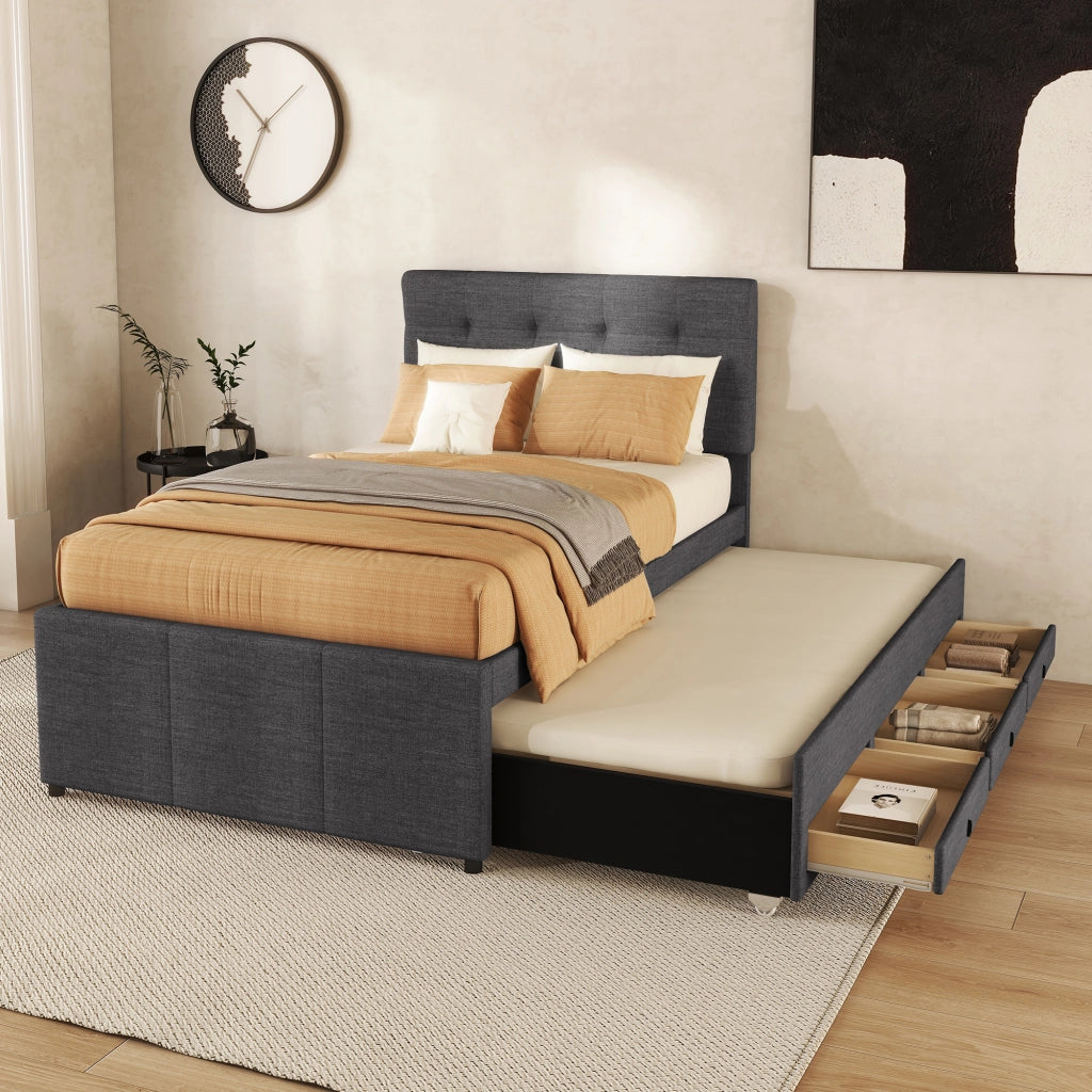 Letto a traguardo imbottito 90x200cm con 3 cassetti e letto estraibile in grigio