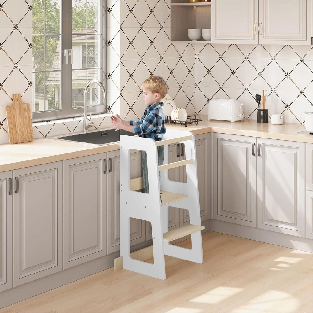 Torre Didattica Montessoriana, Torre Montessoriana in Legno, Sedia per Bambini con Barra di Protezione, Torre Didattica Multifunzionale con Struttura Stabile, Bianco + Colore Legno Naturale