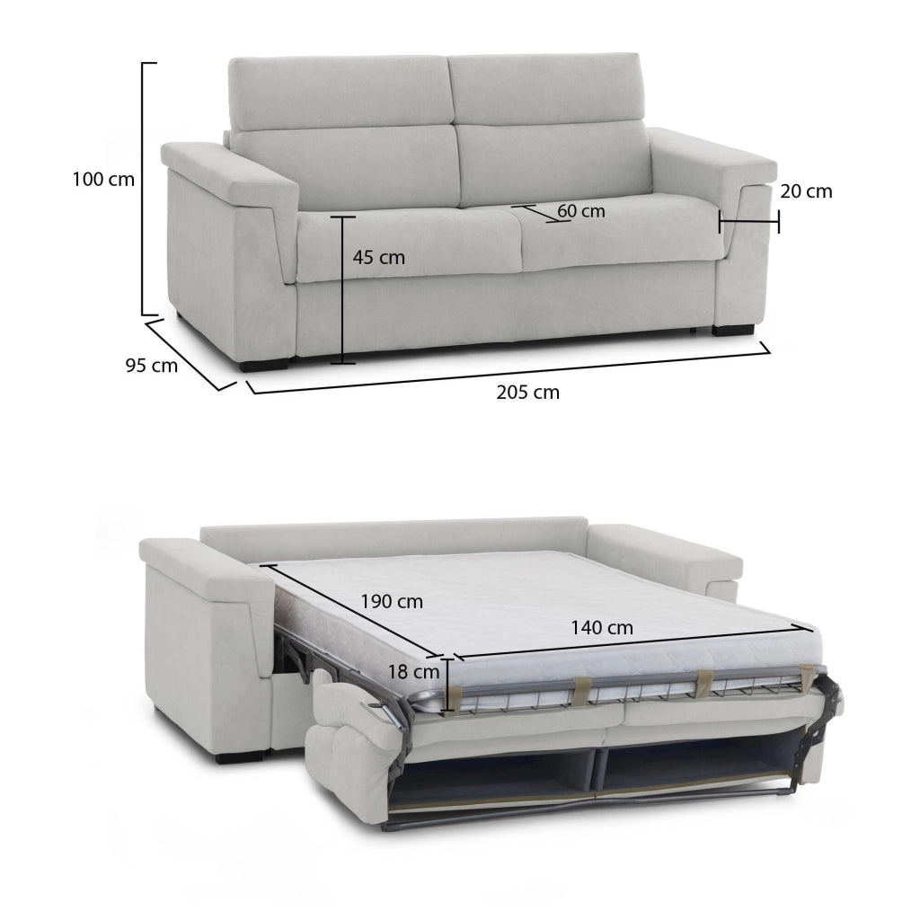 Brusasco, Divano Letto 2 Posti Sfoderabile Made in Italy, 205x95 cm Grigio Chiaro