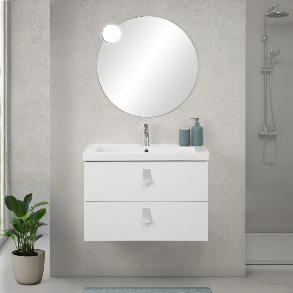 Mobile bagno sospeso 80 cm in bianco frassino con lavabo e specchio tondo Bravo