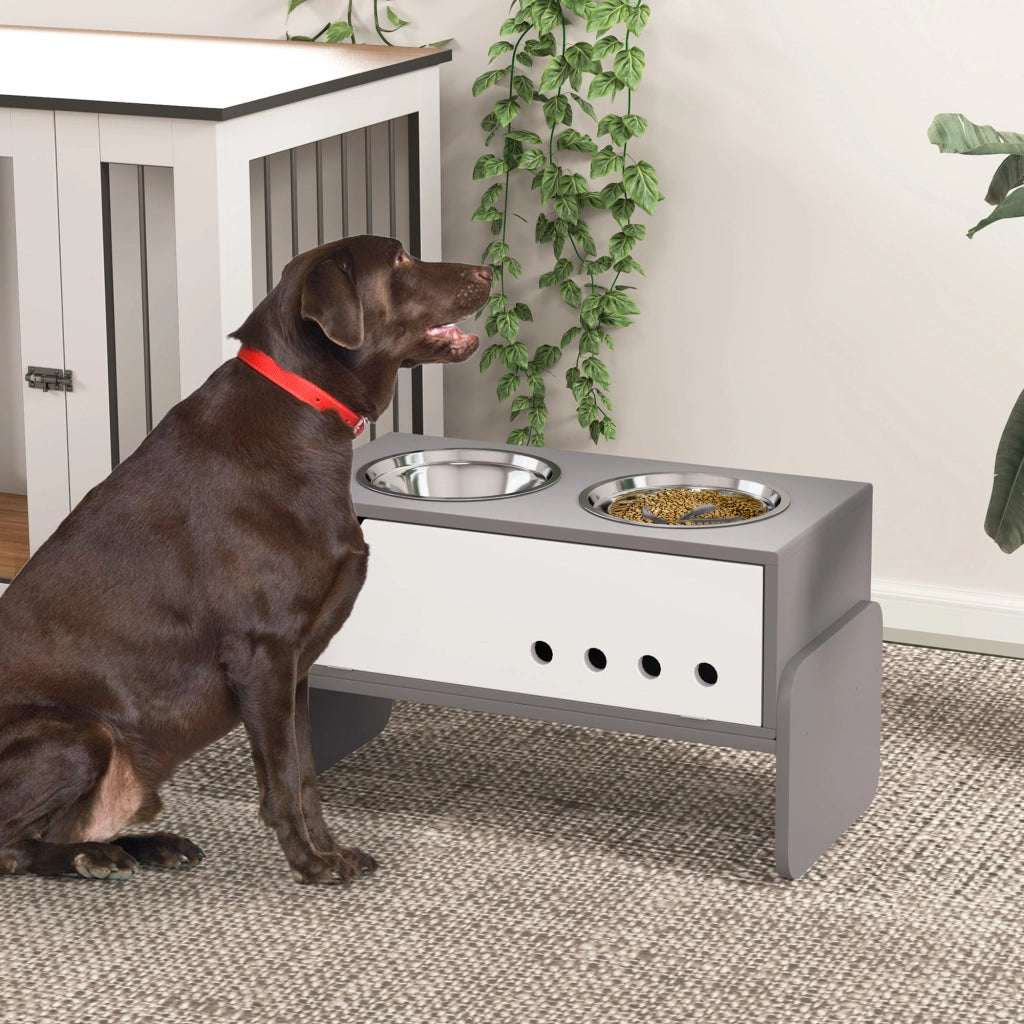Stazione di alimentazione rialzata per cani con contenitore e ciotole in acciaio inossidabile ¨C Minimal ¨C Grigio 60x50x30