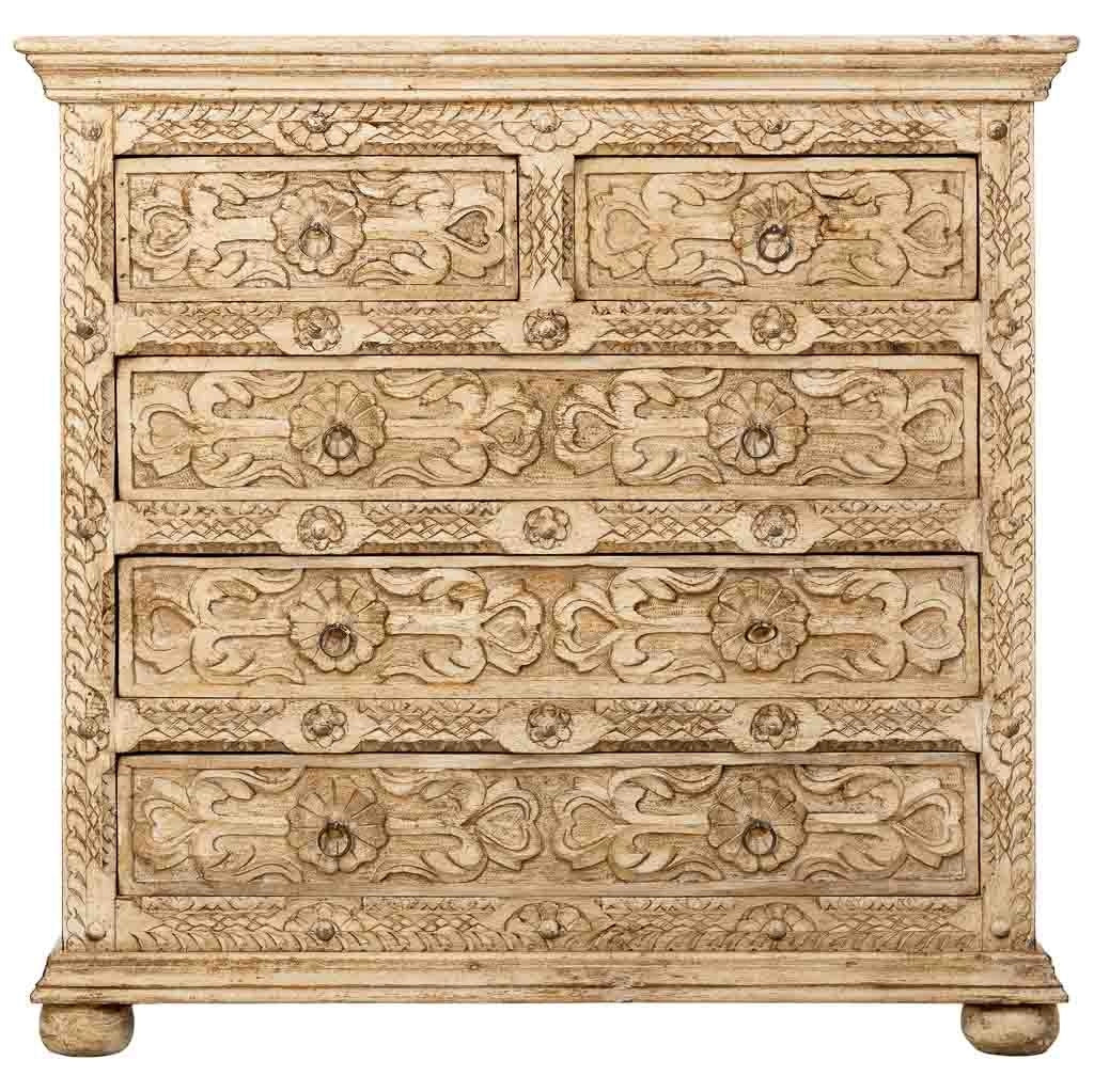 Cómoda de madera artesanal con 5 cajones blanca 100x43x95h cm