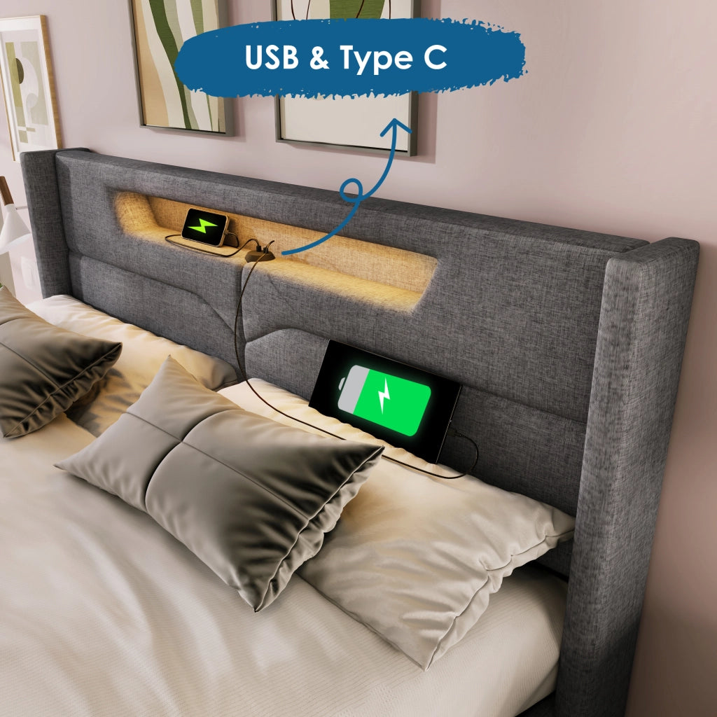 LETTO MATRIMONIALE 140x200 cm Grigio in Lino con LED e presa USB Type C