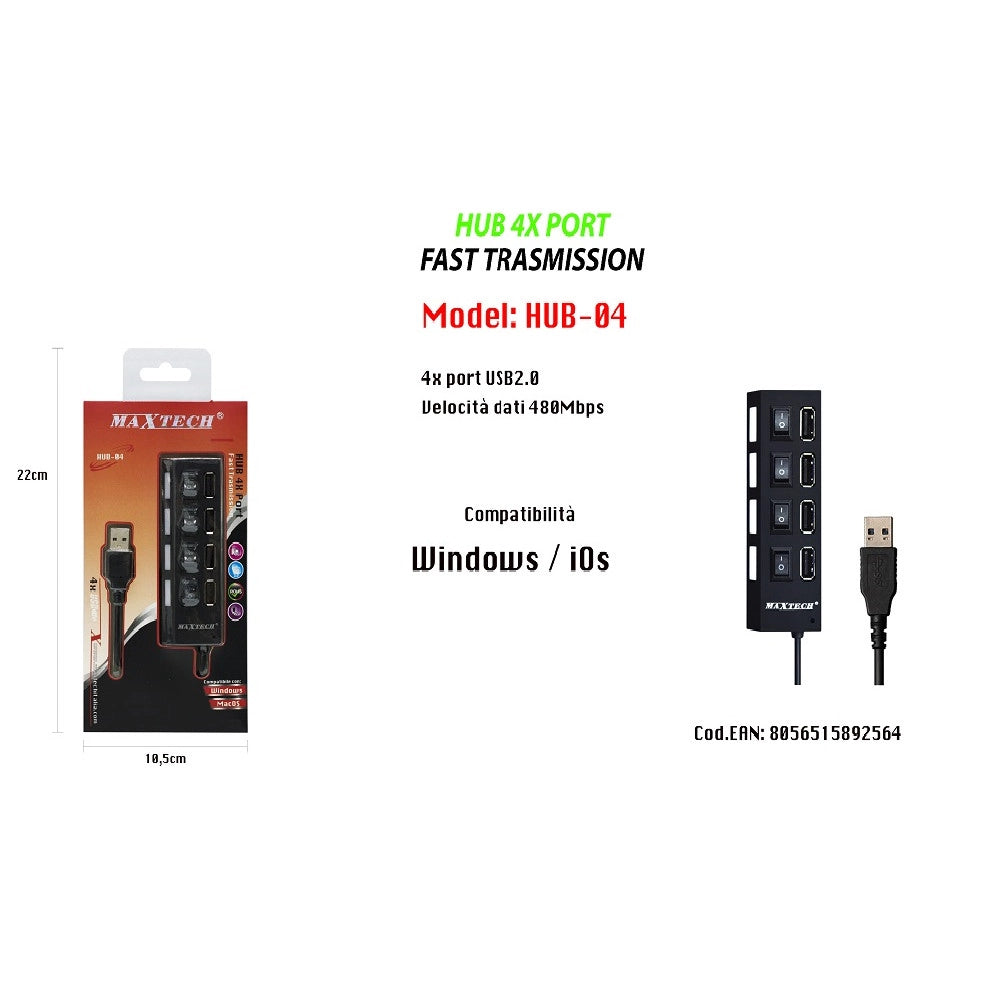 Trade Shop - Caricatore Multipresa Hub 4 Porte Usb 2.0 Singola Windows Macos Maxtech Hub-04 -