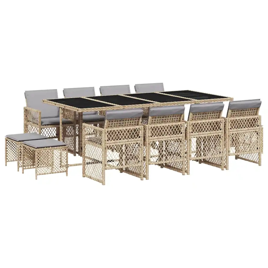 Set da Pranzo da Giardino 13 pz con Cuscini Beige in Polyrattan