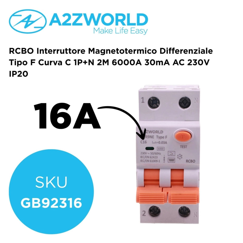 RCBO Interruttore Magnetotermico Differenziale Tipo F Curva C 1P+N 2M 6000A 30mA AC 230V IP20 Corrente Disponibili 6A 10A 16A 20A 25A 32A 40A 50A 63A (C16A)