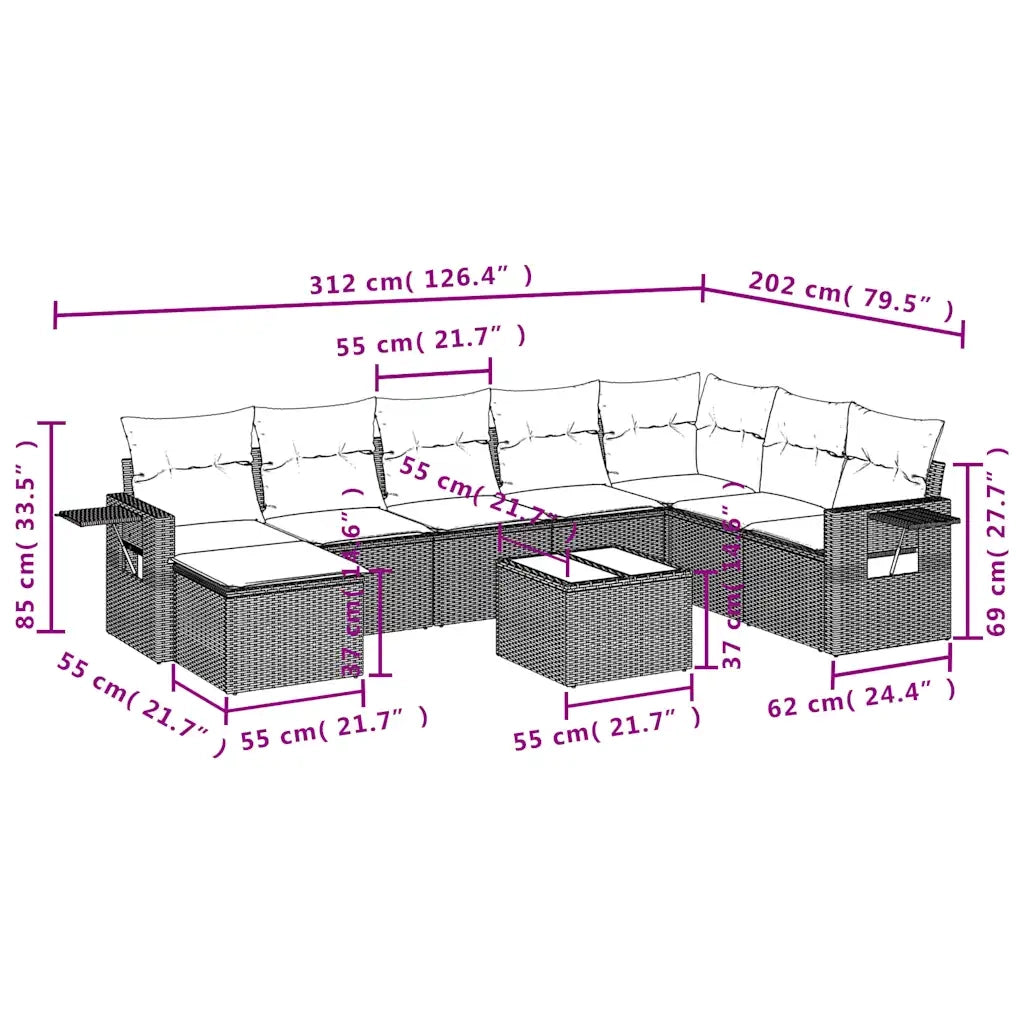 Set Divani da Giardino 9pz con Cuscini Marrone in Polyrattan 3252910