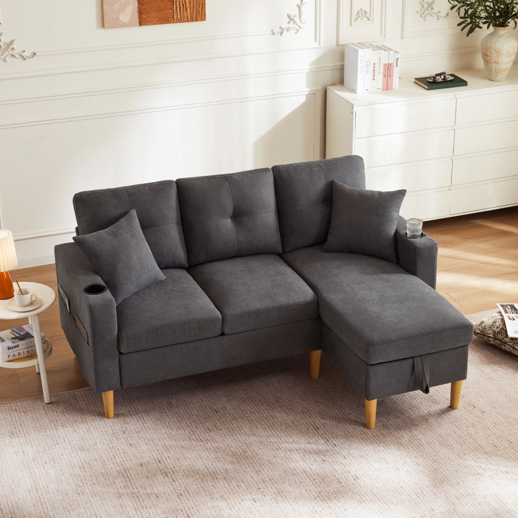 Divano Angolare 3 Posti con Chaise Longue e Contenitore ¨C MINIMAL ¨C con Cuscini e Portabicchieri