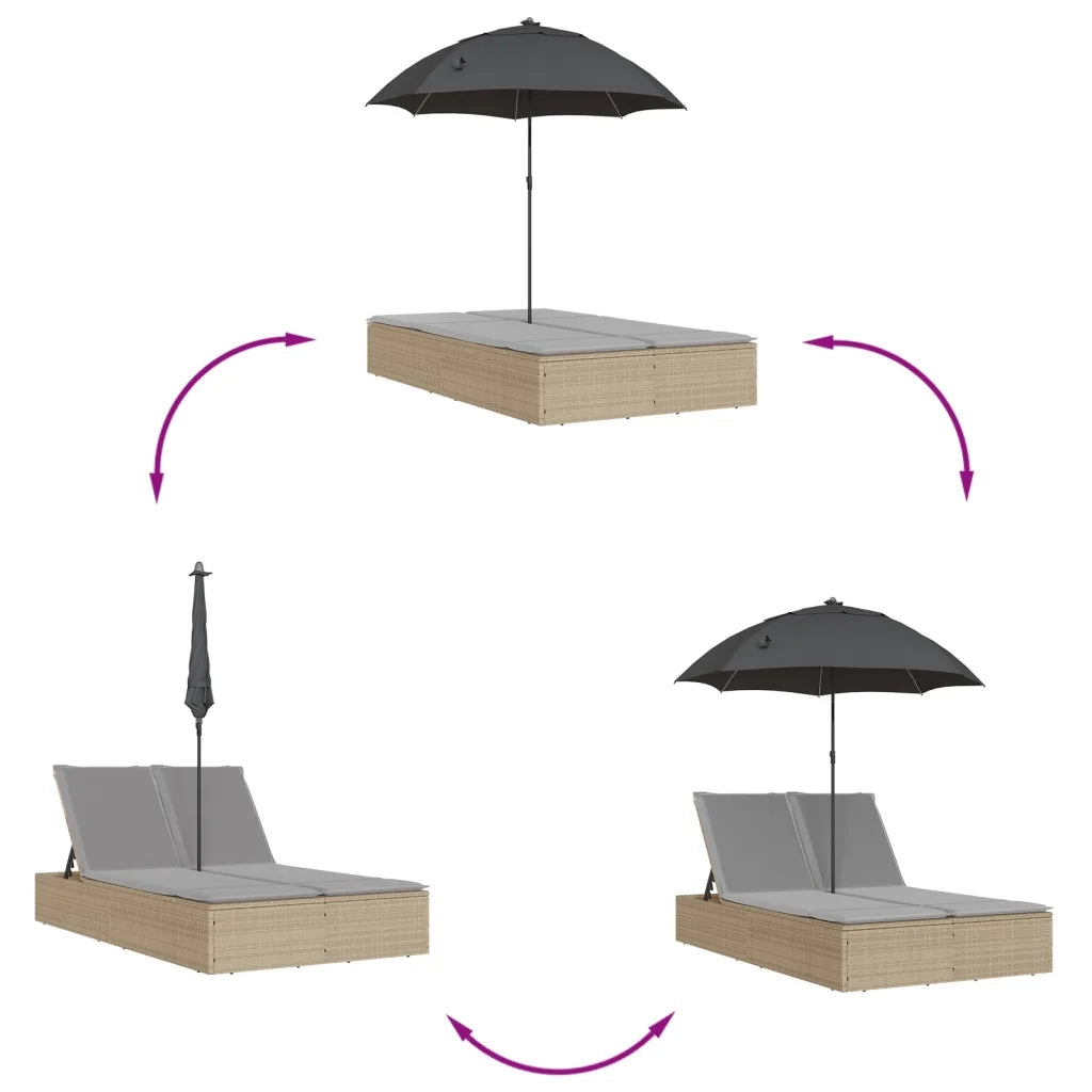 Lettino Prendisole | Sdraio da giardino | Lettino da sole Doppio Cuscini e Parasole Beige Polyrattan