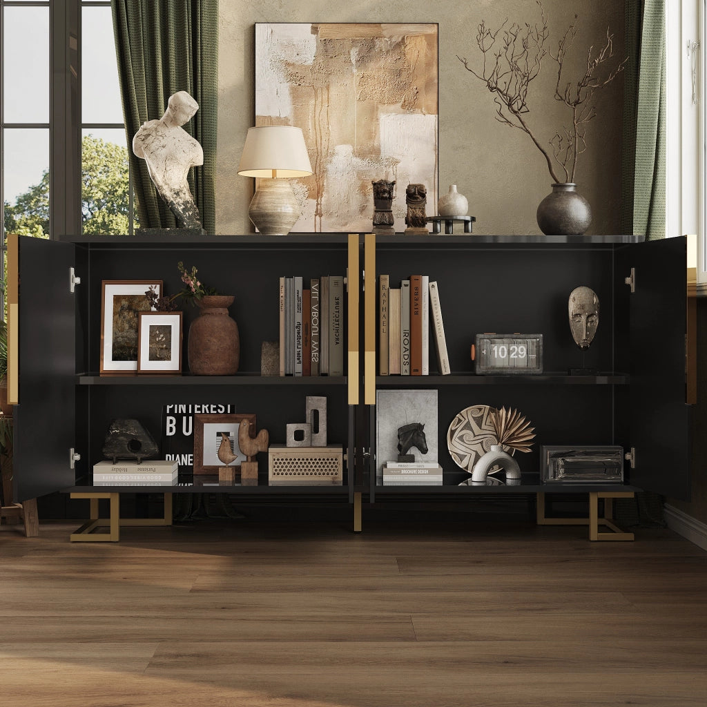 Credenza Sideboard ¨C MINIMAL ¨C Nero, Design Geometrico, Maniglie Dorate, 152x40x75 cm