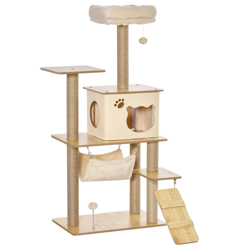 EasyComfort Albero Tiragraffi Multilivello con Casetta, Amaca, Scaletta e Corde in Juta, Rivestimento Peluche, 60x40x130cm, Giallo