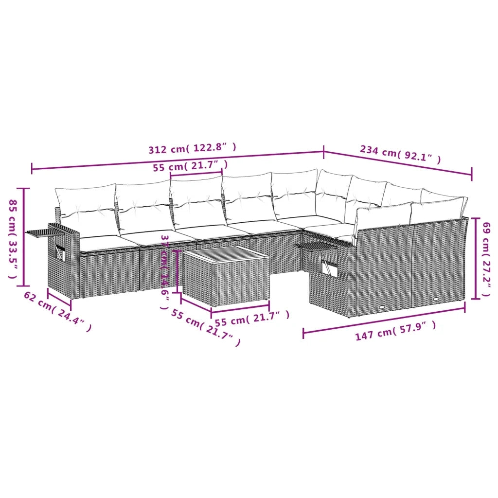 Set Divani da Giardino 10pz con Cuscini in Polyrattan Nero 3224718