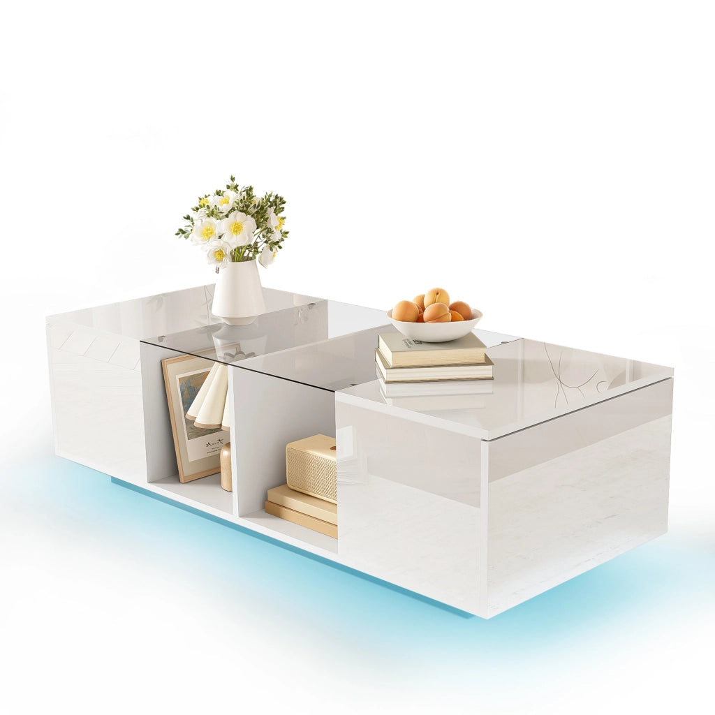 Tavolino da salotto moderno con illuminazione LED - Zephmum- 120 x 50 x 38,5 cm- Bianco- Piano lucido
