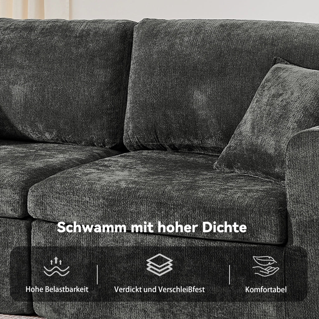 Divano a 2 posti compatto con tasche laterali portabevande e cuscini in chenille nero 220 × 100 × 89 cm